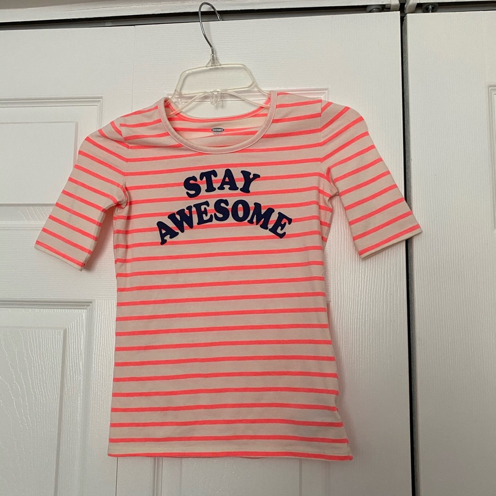Girls white and pink striped shirt with quarter sleeves